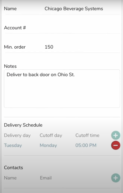 The Add New Vendor screen in the Backbar mobile app shows fields to enter the vendor name, account number, minimum order amount and account notes. You can also note the vendor's delivery day, cutoff day and cutoff time as well as the name and email address for your vendor contacts.